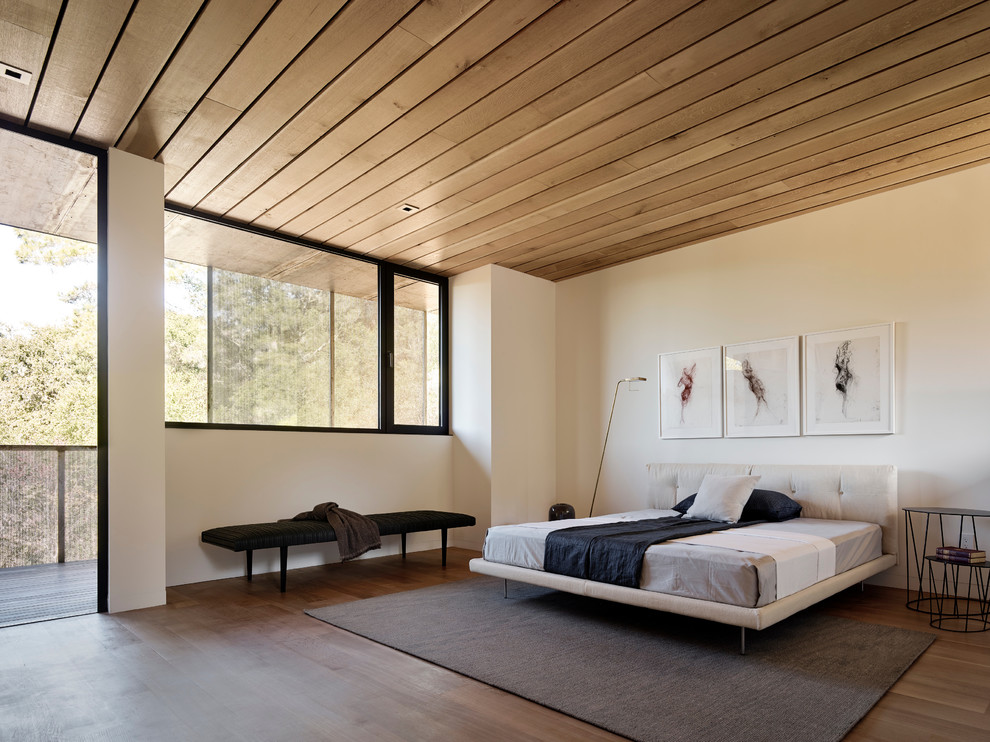 Diseño de dormitorio minimalista con paredes blancas, suelo de madera en tonos medios y suelo marrón