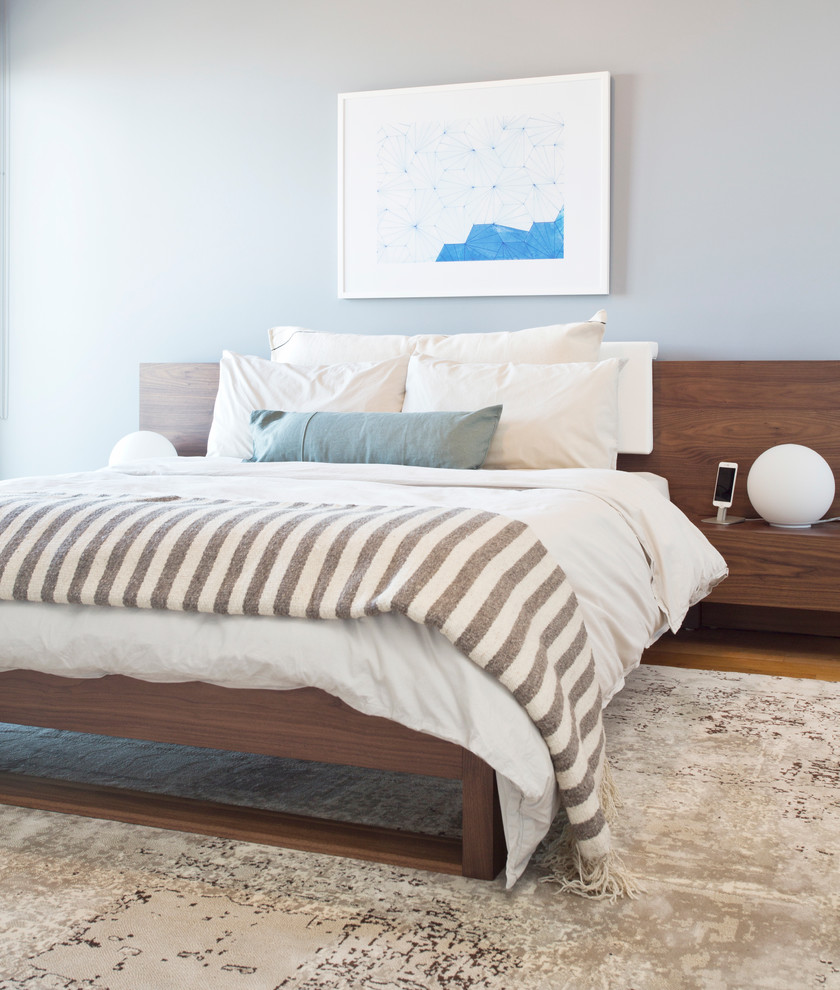 Идея дизайна: хозяйская спальня среднего размера в стиле модернизм с серыми стенами и ковровым покрытием без камина