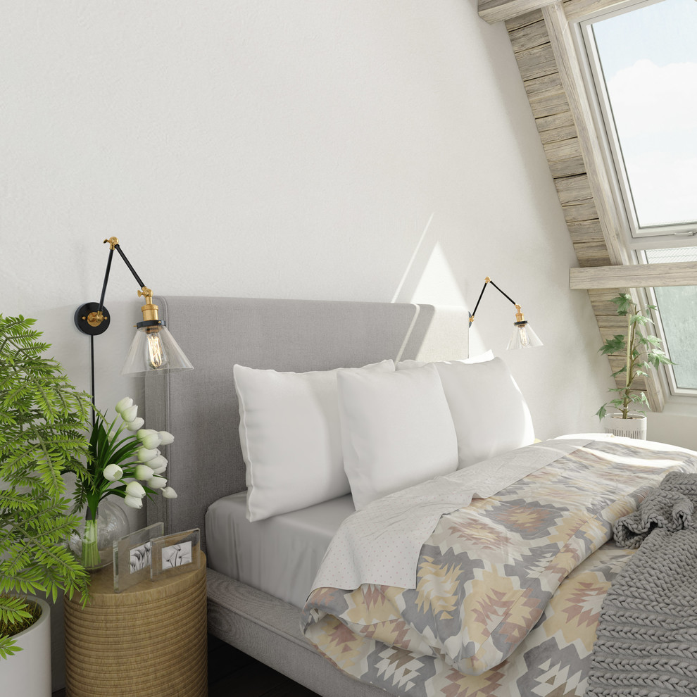 Пример оригинального дизайна: гостевая спальня среднего размера, (комната для гостей) в стиле модернизм с белыми стенами, полом из фанеры и белым полом