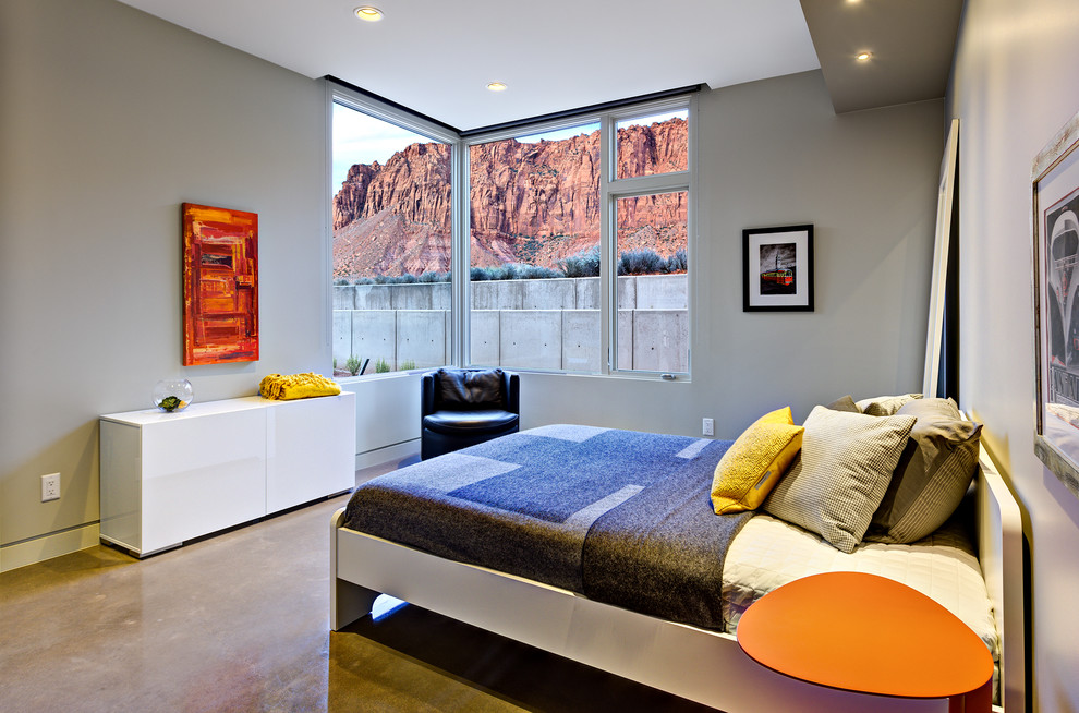 Modelo de habitación de invitados contemporánea de tamaño medio sin chimenea con paredes beige, suelo de cemento y suelo gris