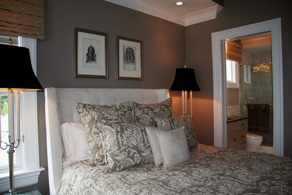 This is an example of a medium sized classic guest bedroom in New York with grey walls and dark hardwood flooring.
