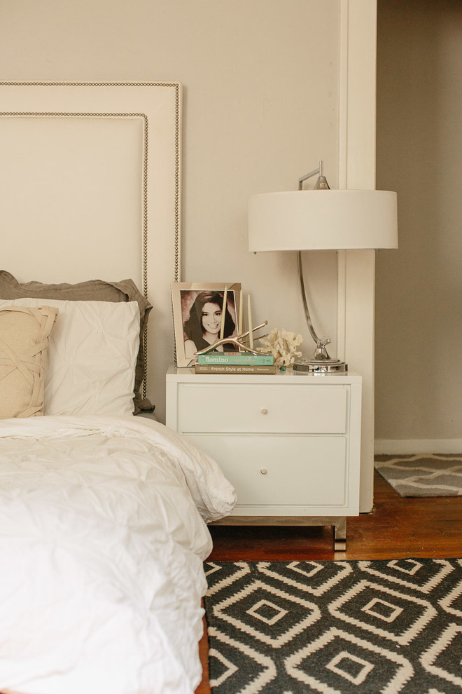 Design ideas for an eclectic bedroom in New Orleans with grey walls.