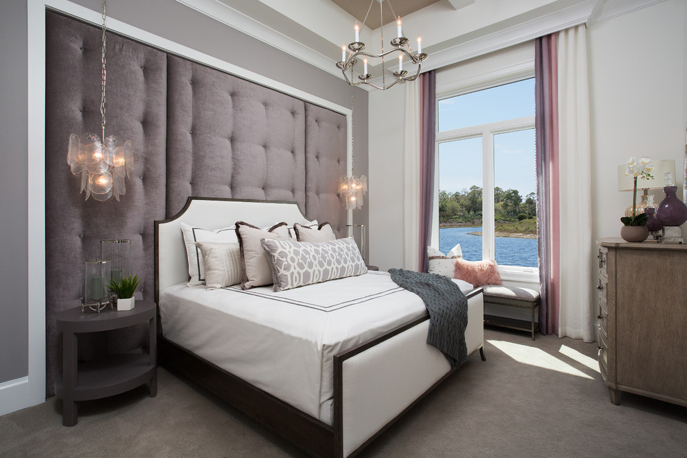 Bedroom - contemporary guest carpeted and beige floor bedroom idea in Miami with gray walls