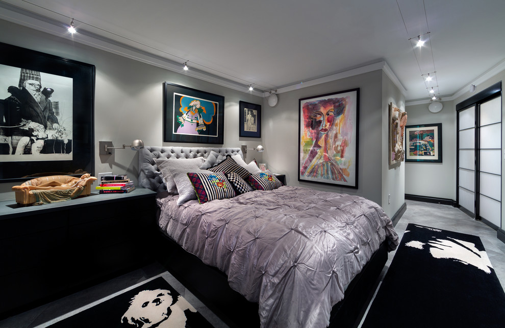 Inspiration for a contemporary bedroom remodel with gray walls
