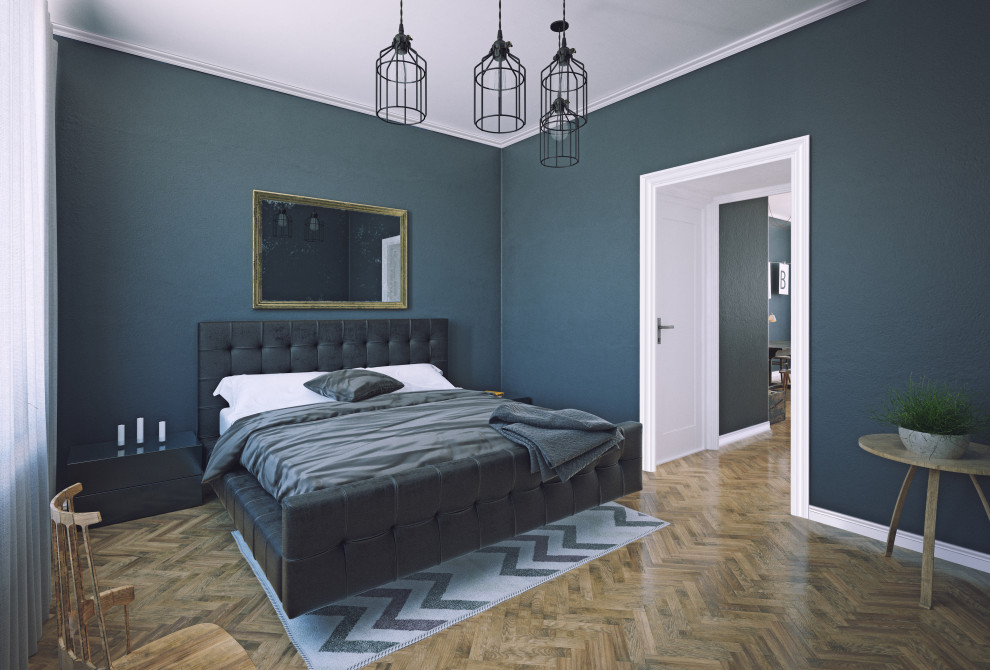 Imagen de dormitorio principal de estilo americano de tamaño medio sin chimenea con paredes azules, suelo de madera en tonos medios y suelo marrón