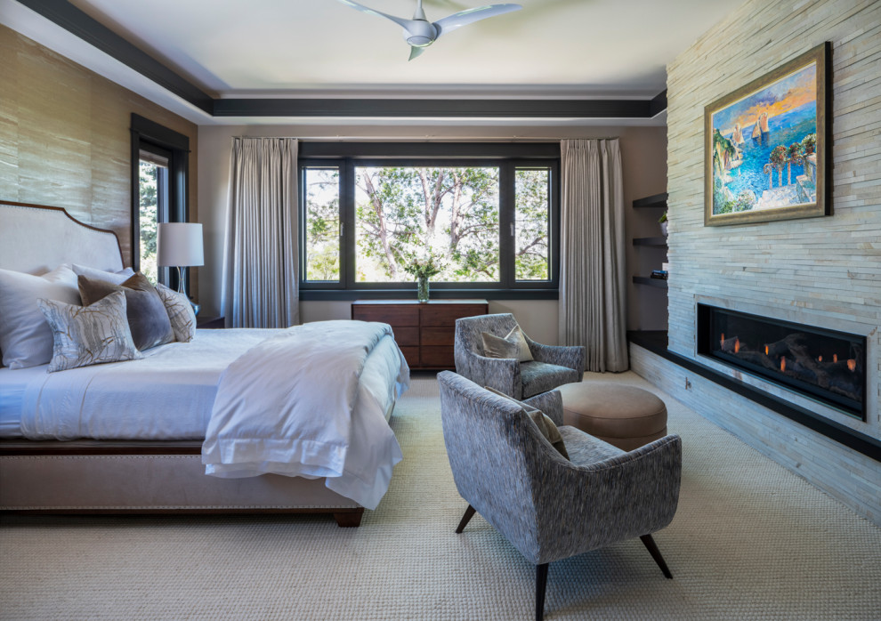 Inspiration for a medium sized classic master bedroom in Denver with white walls, carpet, a standard fireplace, a stone fireplace surround and white floors.