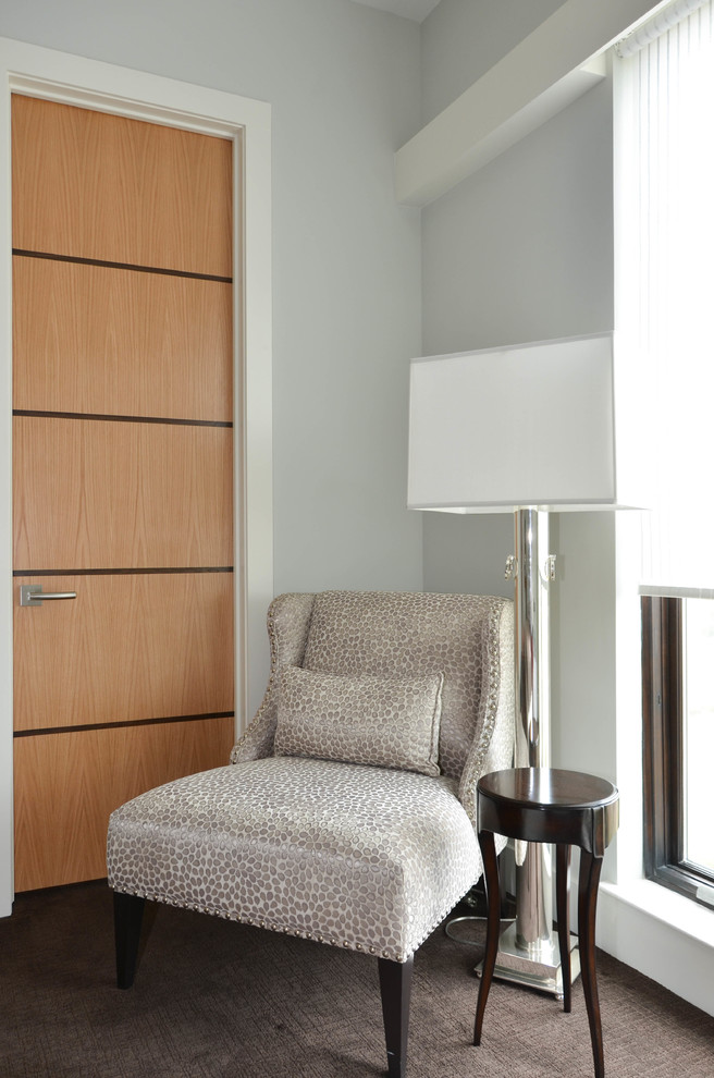 Diseño de habitación de invitados contemporánea de tamaño medio sin chimenea con paredes grises y moqueta