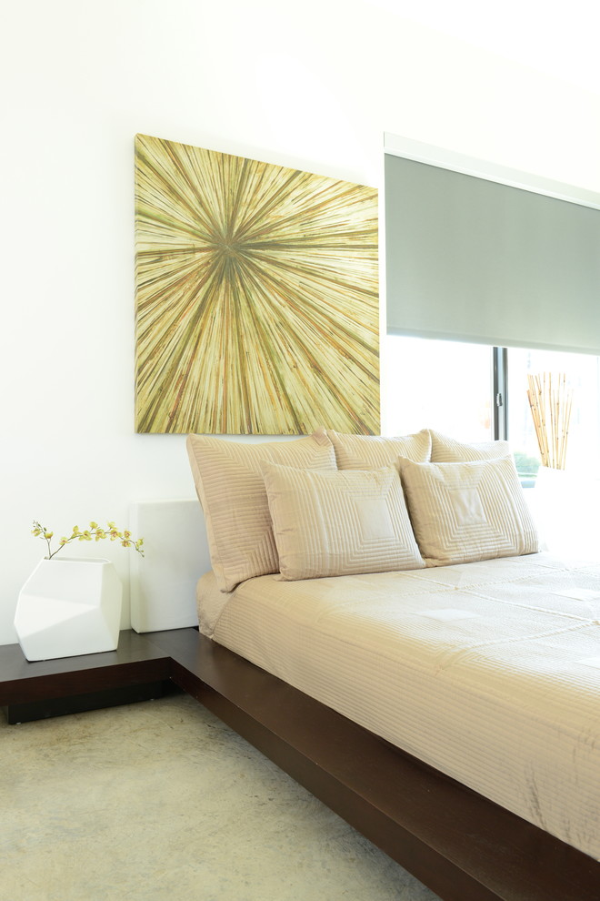 Идея дизайна: гостевая спальня среднего размера, (комната для гостей) в современном стиле с белыми стенами и бетонным полом без камина