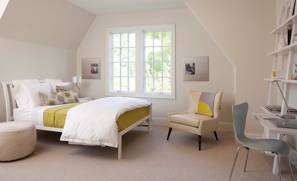 ミネアポリスにあるコンテンポラリースタイルのおしゃれな寝室 (白い壁、カーペット敷き) のインテリア