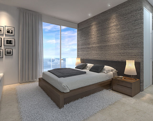 Ejemplo de dormitorio principal tropical de tamaño medio con paredes grises, suelo de baldosas de porcelana y suelo beige