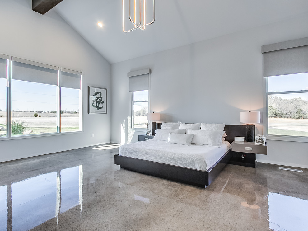 Идея дизайна: хозяйская спальня в современном стиле с серыми стенами и бетонным полом