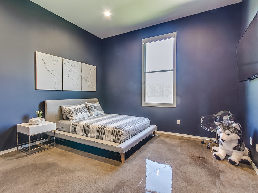 Foto de habitación de invitados actual extra grande con paredes grises y suelo de cemento