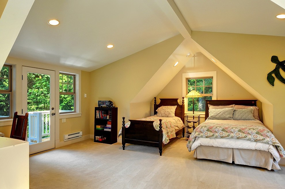 Example of a large country loft-style carpeted bedroom design in Seattle