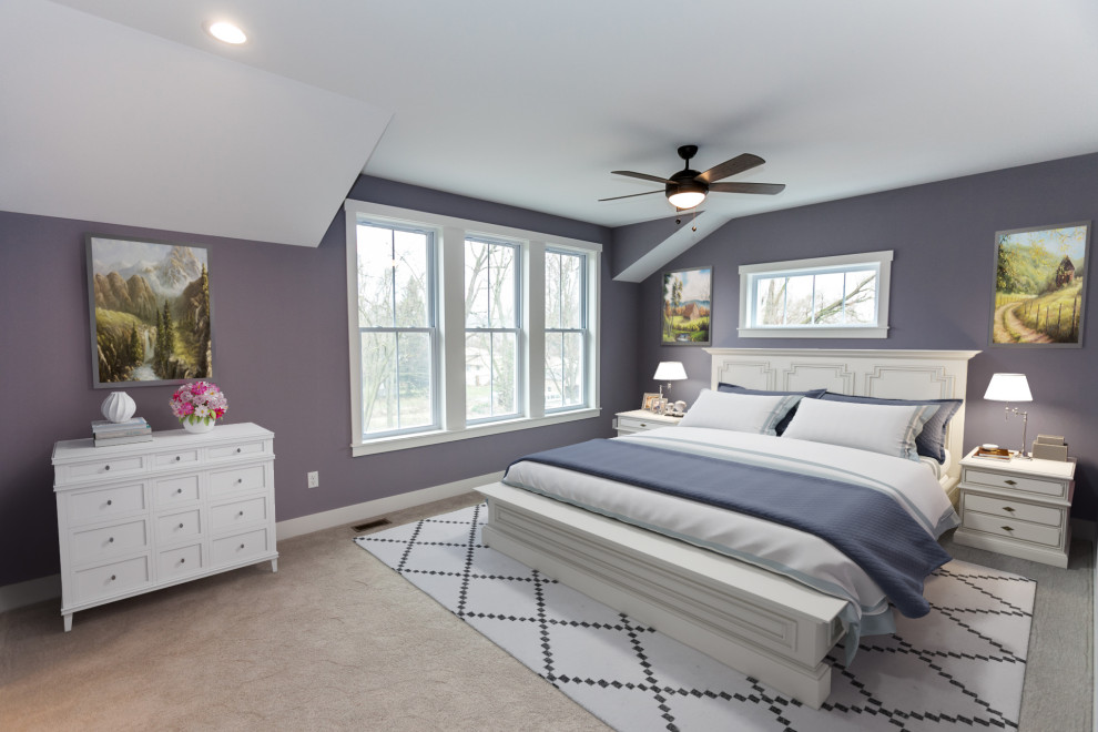 Mittelgroßes Country Hauptschlafzimmer mit lila Wandfarbe, Teppichboden und weißem Boden in Salt Lake City