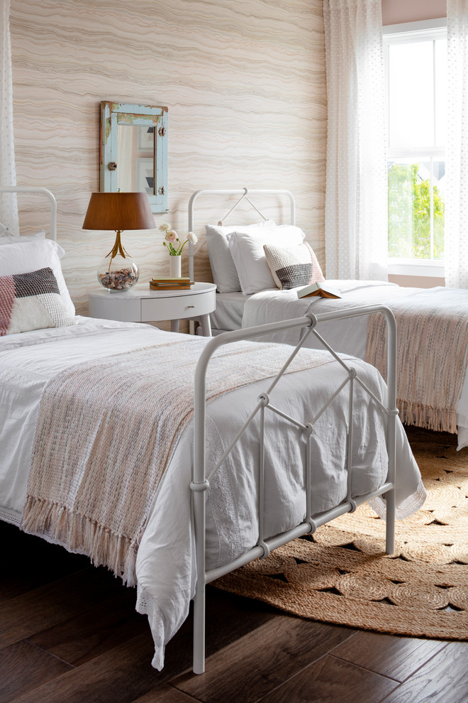 Mid-sized cottage guest dark wood floor and brown floor bedroom photo in DC Metro with pink walls
