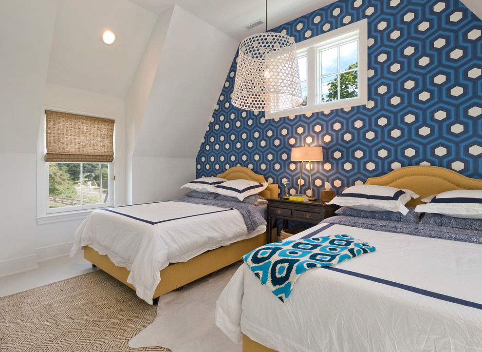Small modern guest bedroom in New York with blue walls.