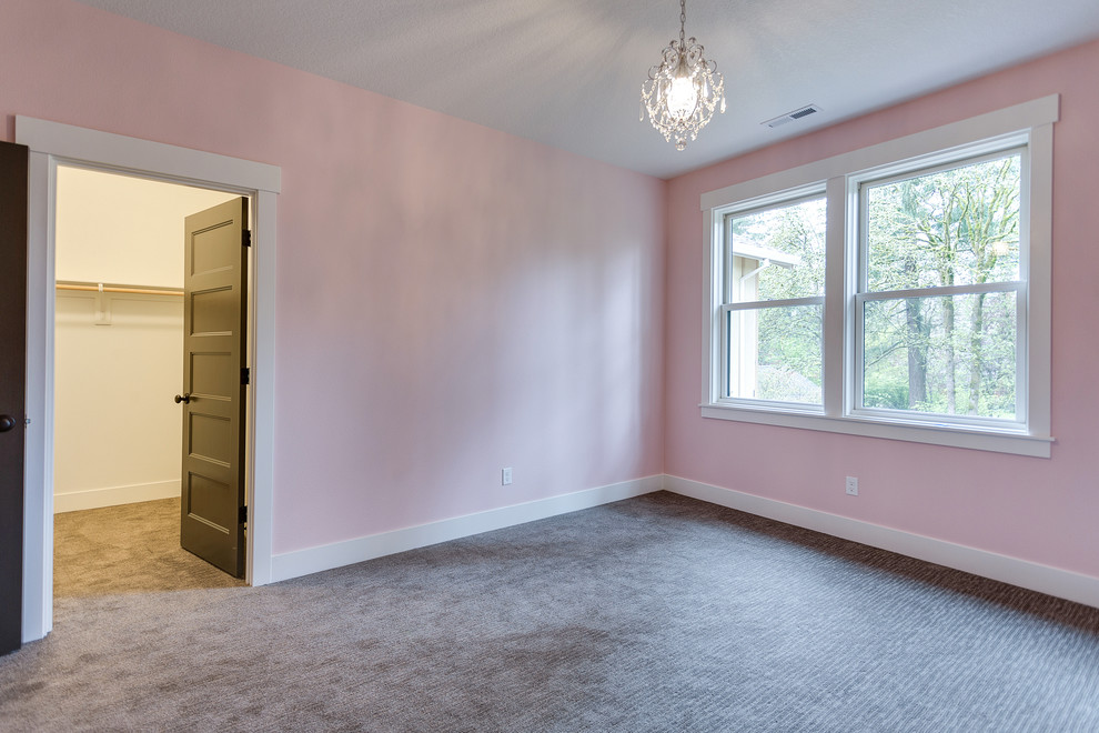 Mid-sized cottage carpeted and gray floor bedroom photo in Salt Lake City with pink walls and no fireplace