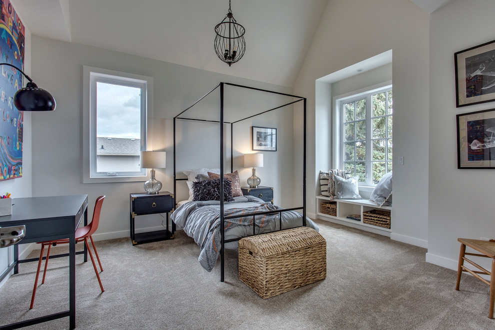 Bedroom - mid-sized farmhouse carpeted and gray floor bedroom idea in Calgary with white walls