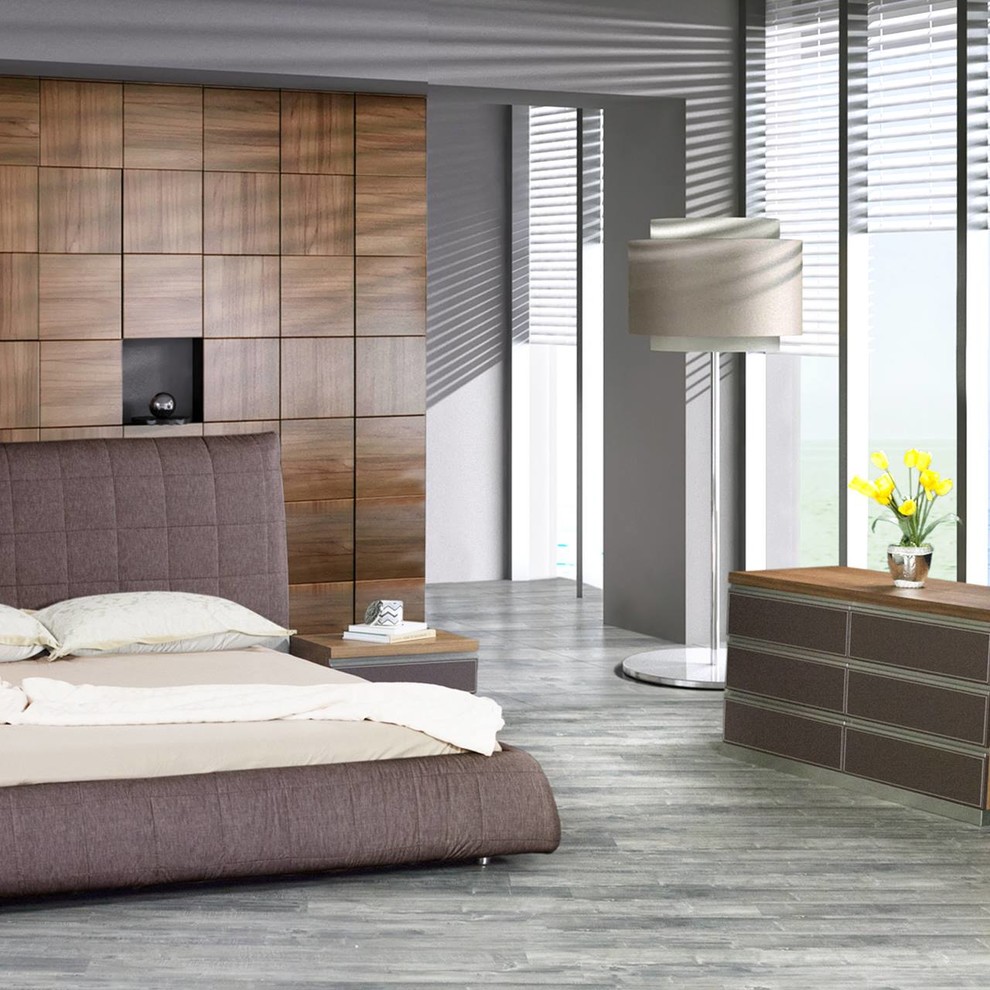 Ejemplo de dormitorio principal moderno grande sin chimenea con paredes grises, suelo vinílico y suelo gris