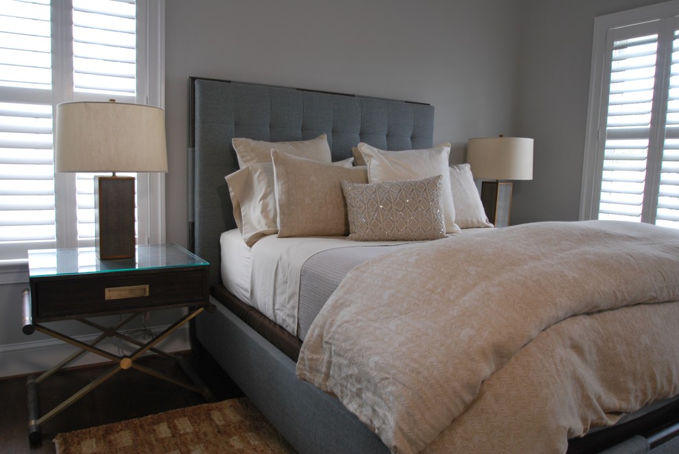Photo of a medium sized classic guest bedroom in DC Metro with grey walls, dark hardwood flooring and brown floors.