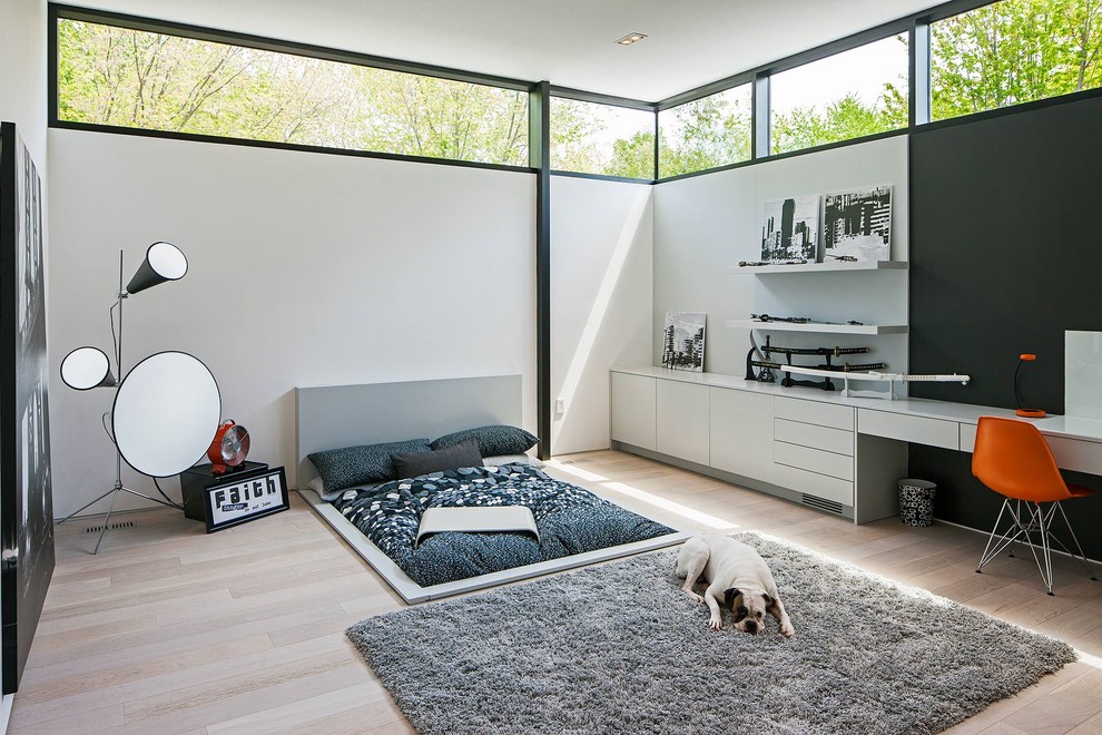 Diseño de dormitorio escandinavo con paredes blancas