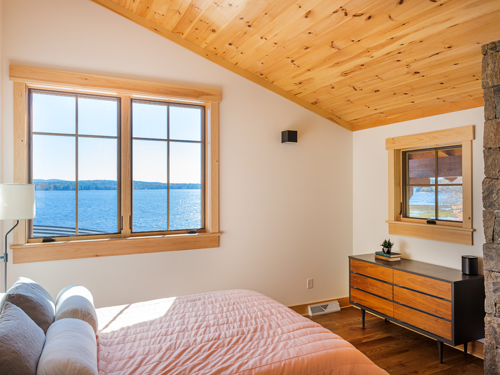 Example of a mountain style medium tone wood floor and brown floor bedroom design in Boston with white walls