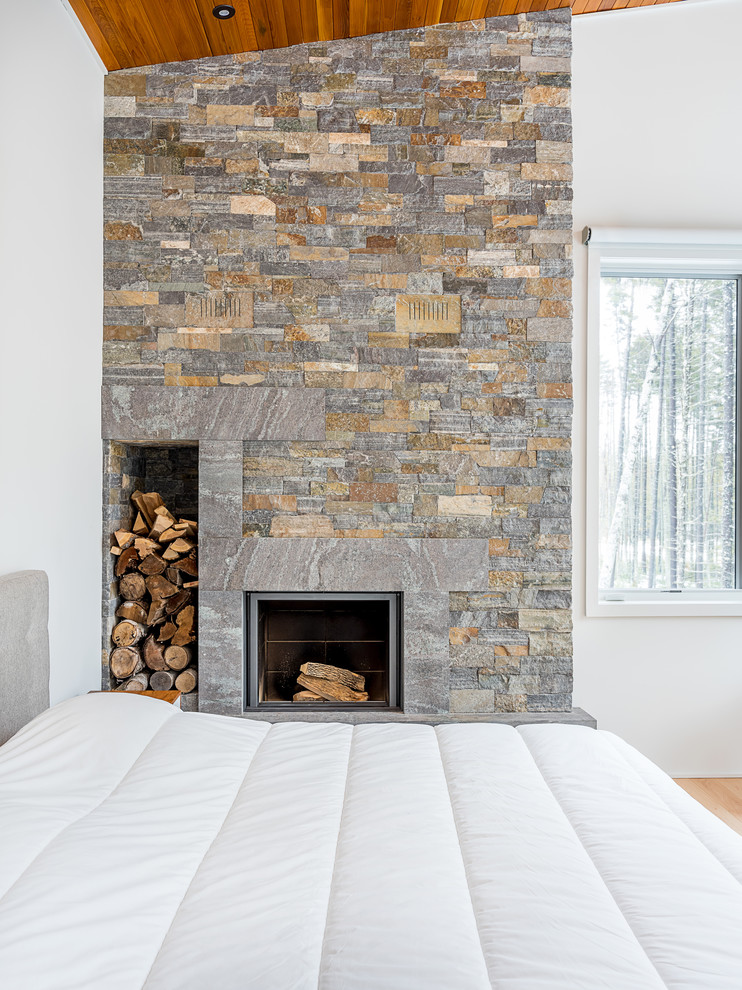 Diseño de habitación de invitados minimalista de tamaño medio con paredes blancas, suelo de madera clara, todas las chimeneas, marco de chimenea de piedra y suelo beige