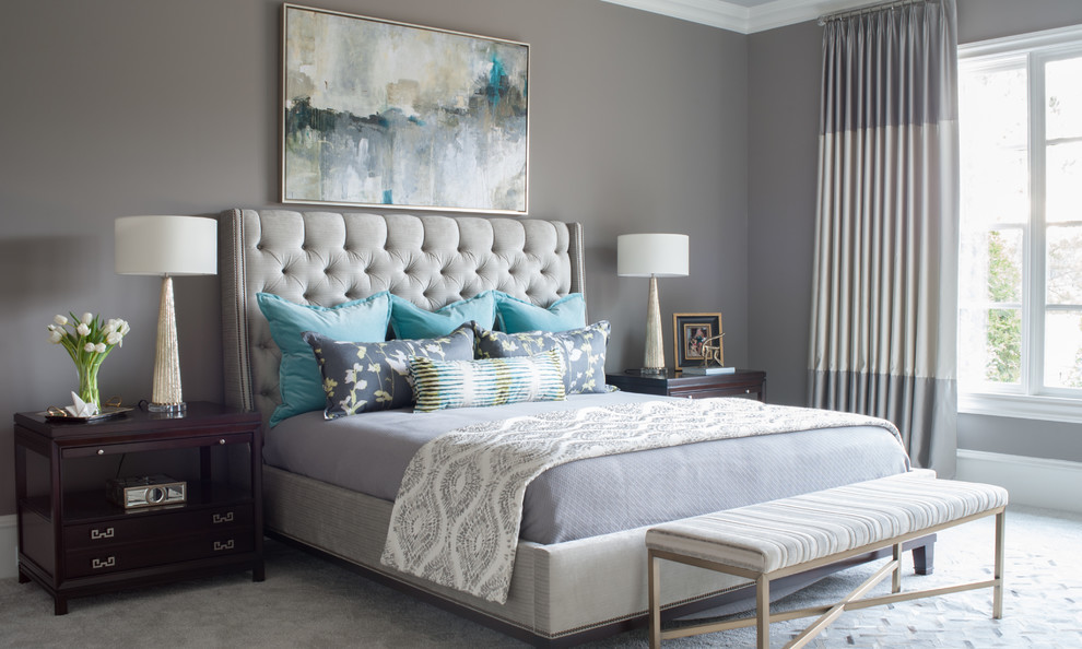 Bedroom - large transitional master carpeted and gray floor bedroom idea in Atlanta with gray walls and no fireplace