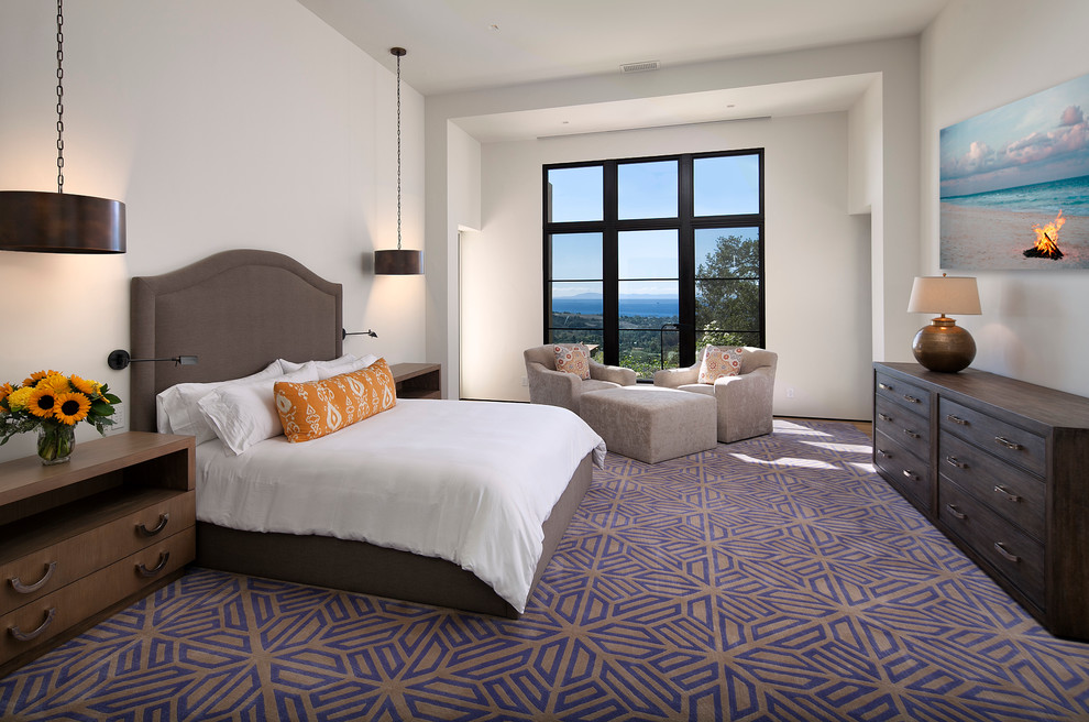 サンタバーバラにある広いビーチスタイルのおしゃれな客用寝室 (白い壁、カーペット敷き、暖炉なし) のレイアウト