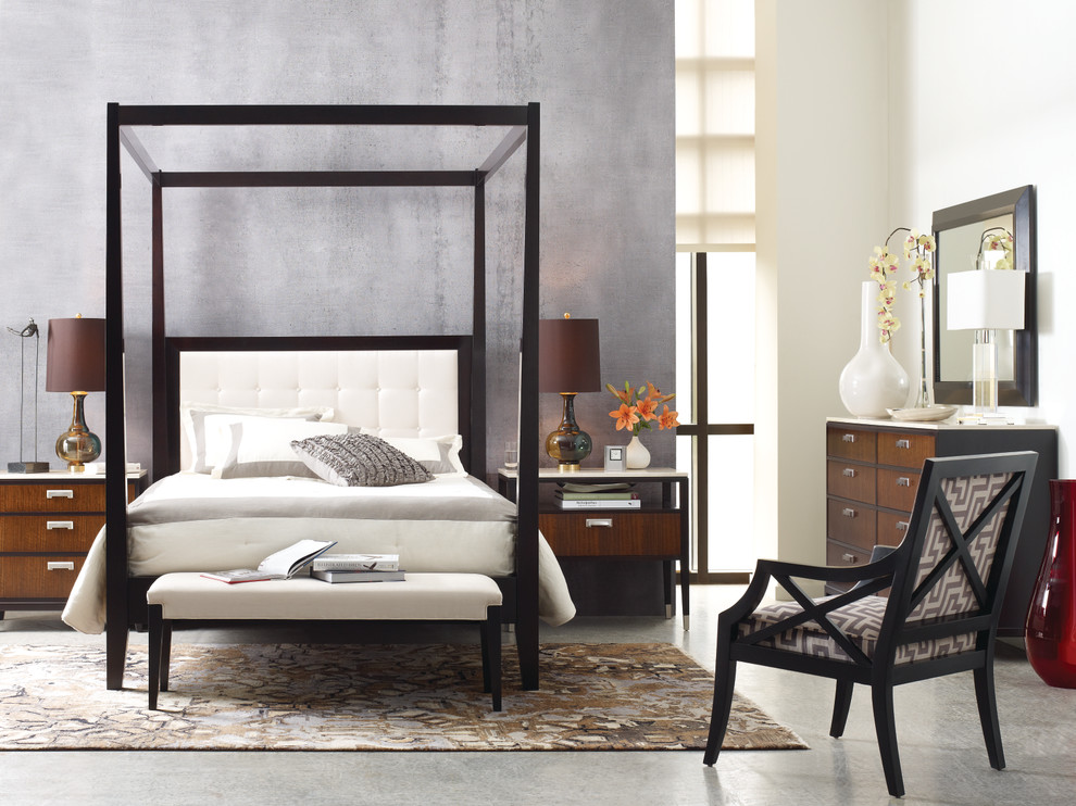 Пример оригинального дизайна: хозяйская спальня в стиле модернизм с серыми стенами, бетонным полом и серым полом