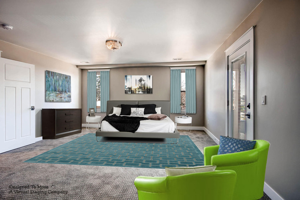 Mittelgroßes Modernes Hauptschlafzimmer mit grauer Wandfarbe und Teppichboden in Denver