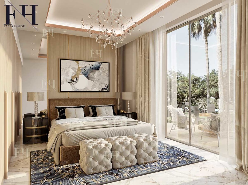 Großes Modernes Hauptschlafzimmer mit beiger Wandfarbe, Marmorboden und weißem Boden in Sonstige