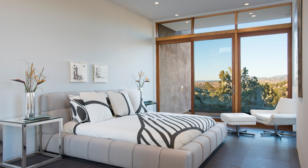 Mittelgroßes Modernes Hauptschlafzimmer ohne Kamin mit weißer Wandfarbe, Porzellan-Bodenfliesen und grauem Boden in Albuquerque