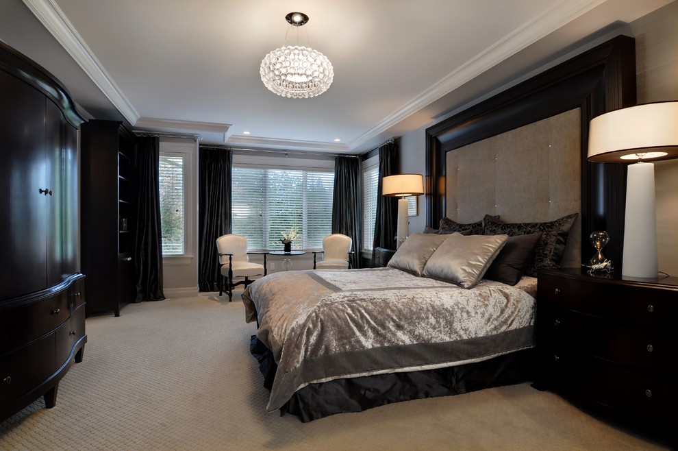 Inspiration for a large contemporary master carpeted bedroom remodel in Vancouver with gray walls