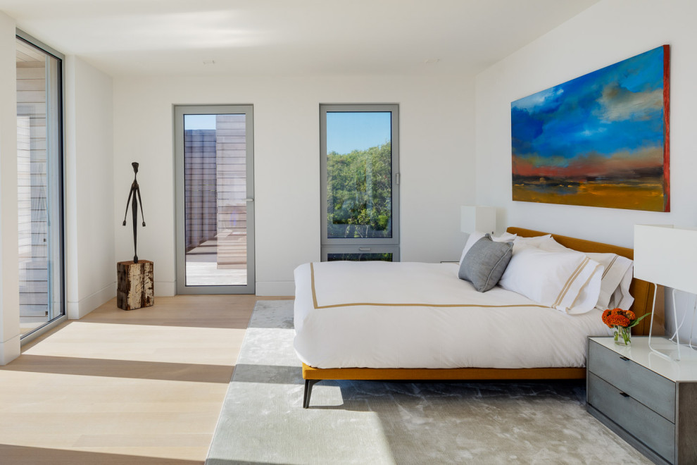 Diseño de dormitorio principal contemporáneo grande sin chimenea con paredes blancas, suelo de madera clara y suelo beige
