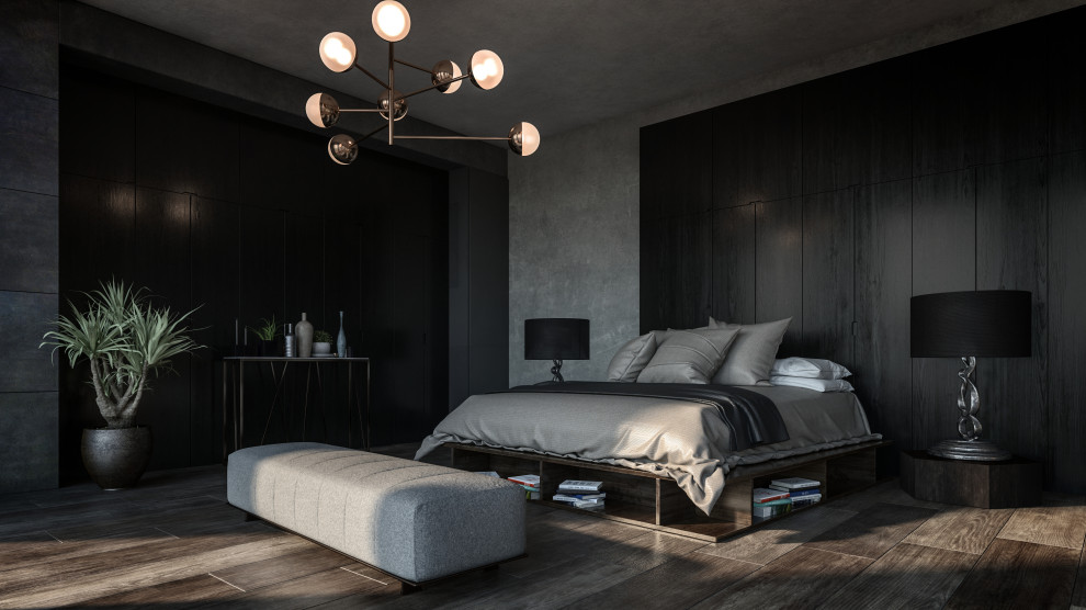 Стильный дизайн: огромная хозяйская спальня в стиле модернизм с черными стенами, темным паркетным полом, коричневым полом, потолком с обоями и панелями на части стены - последний тренд