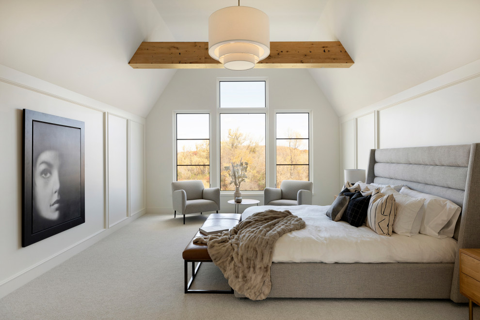 Inspiration for a cottage master carpeted, gray floor, exposed beam and wall paneling bedroom remodel in Minneapolis with white walls