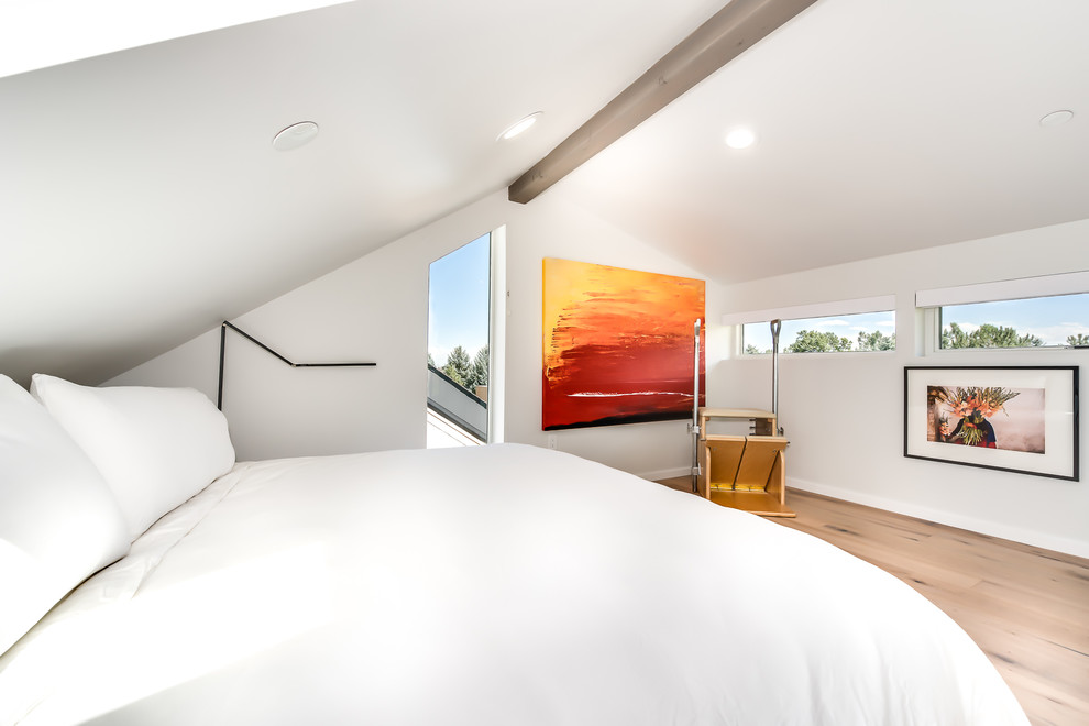 Esempio di una piccola camera da letto stile loft contemporanea con pareti bianche, parquet chiaro e nessun camino