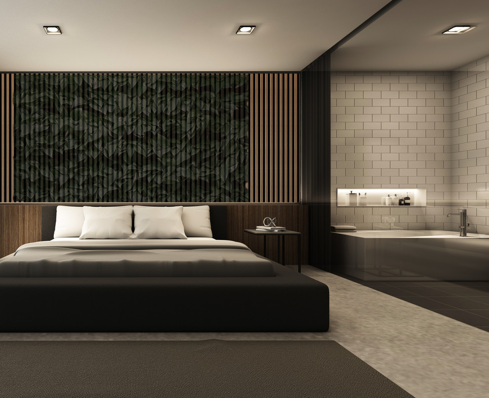 Large mid-century modern master painted wood floor and multicolored floor bedroom photo in Los Angeles