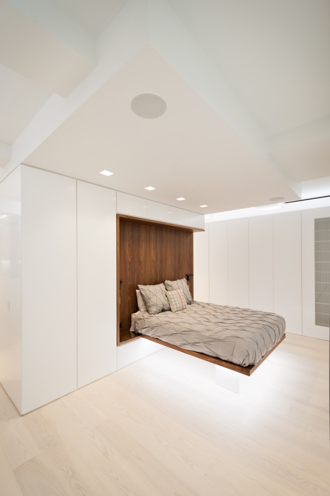 This is an example of a medium sized modern master bedroom in New York with white walls and light hardwood flooring.