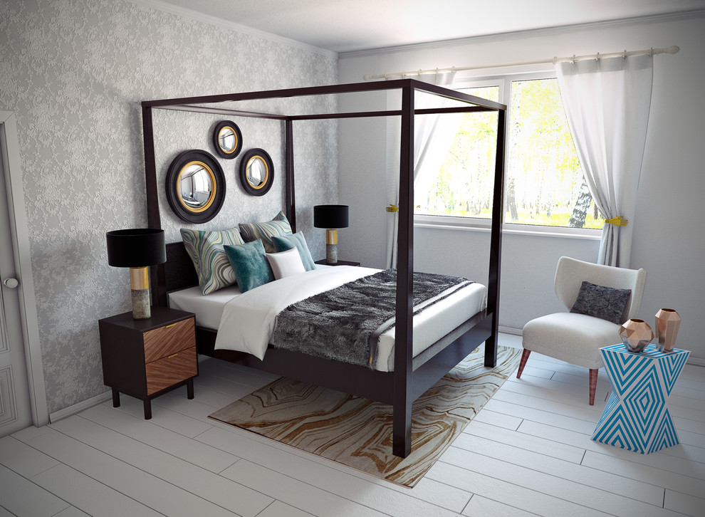 Design ideas for a medium sized eclectic guest bedroom in London with grey walls and light hardwood flooring.