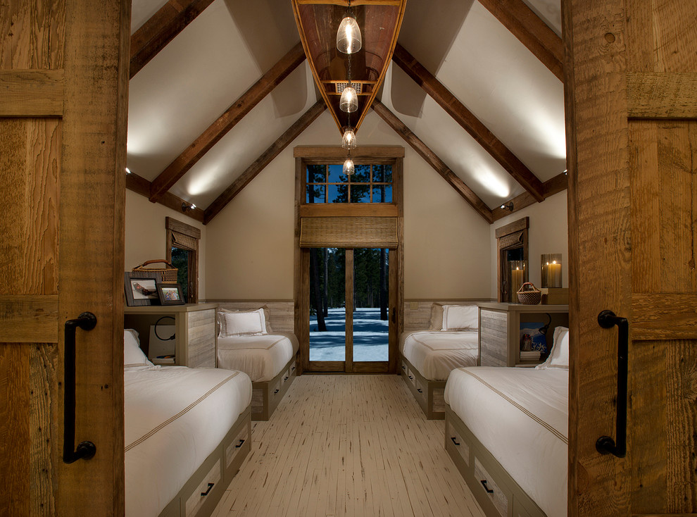 Large rustic guest bedroom in Sacramento with beige walls, painted wood flooring, no fireplace and beige floors.