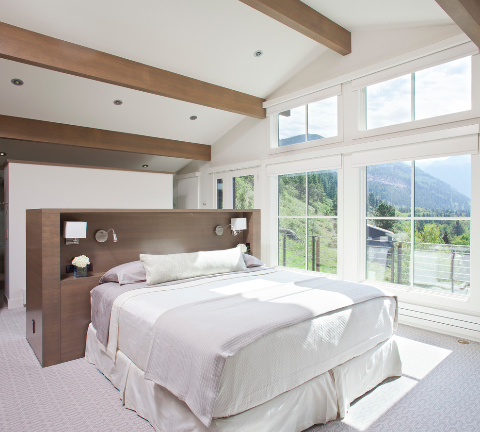 Mittelgroßes Uriges Hauptschlafzimmer ohne Kamin mit weißer Wandfarbe und Teppichboden in Denver