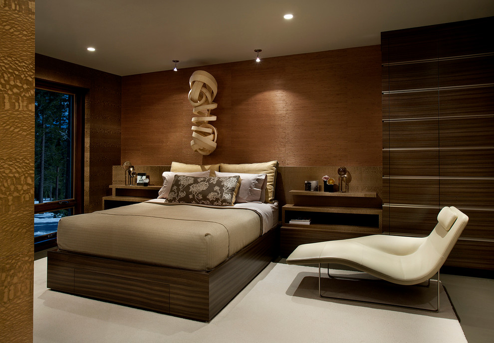 Свежая идея для дизайна: хозяйская спальня в современном стиле с коричневыми стенами без камина - отличное фото интерьера