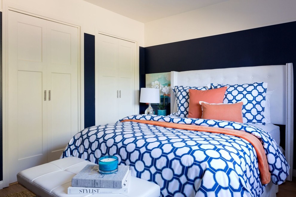 Foto de dormitorio principal minimalista de tamaño medio sin chimenea con paredes azules y suelo vinílico