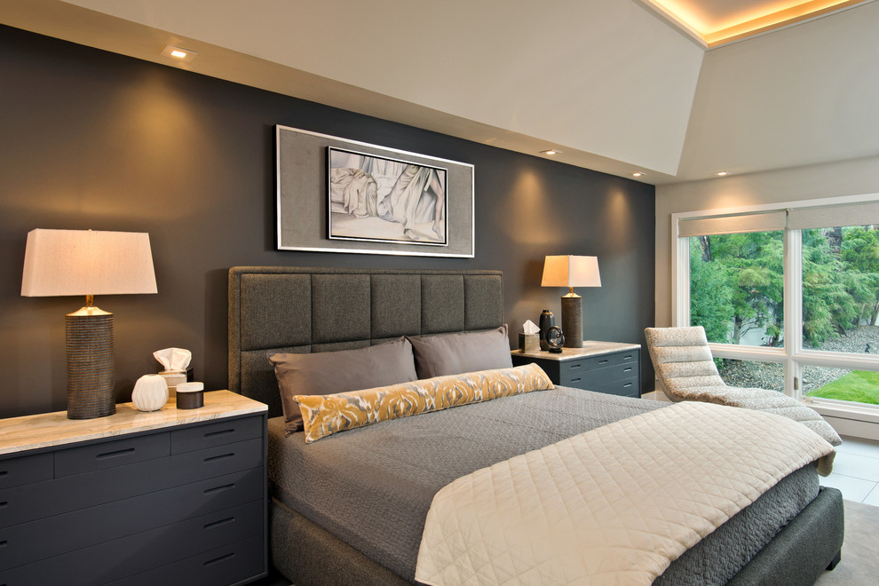 Example of a trendy master bedroom design in Boston with gray walls