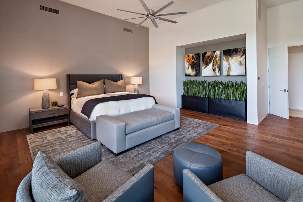 Bedroom - huge modern master dark wood floor and brown floor bedroom idea in Phoenix with white walls