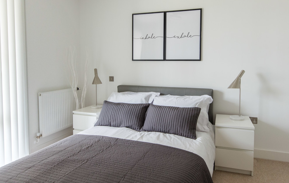 Imagen de habitación de invitados nórdica pequeña con paredes blancas, moqueta y suelo beige