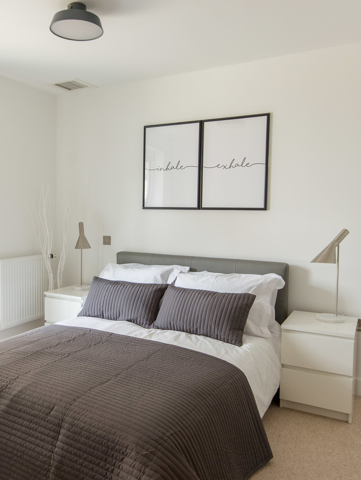 На фото: маленькая гостевая спальня (комната для гостей) в скандинавском стиле с белыми стенами и ковровым покрытием для на участке и в саду