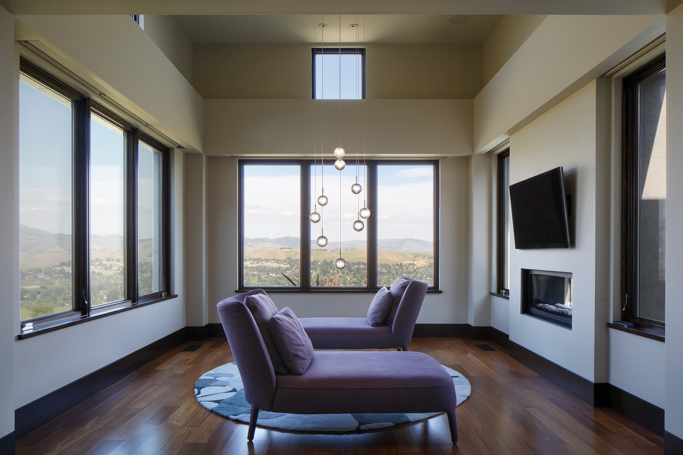 Modernes Hauptschlafzimmer mit weißer Wandfarbe, braunem Holzboden und Gaskamin in San Francisco